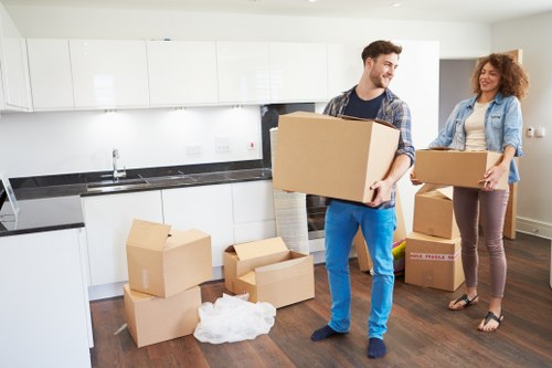 Packed office furniture and equipment ready for transport